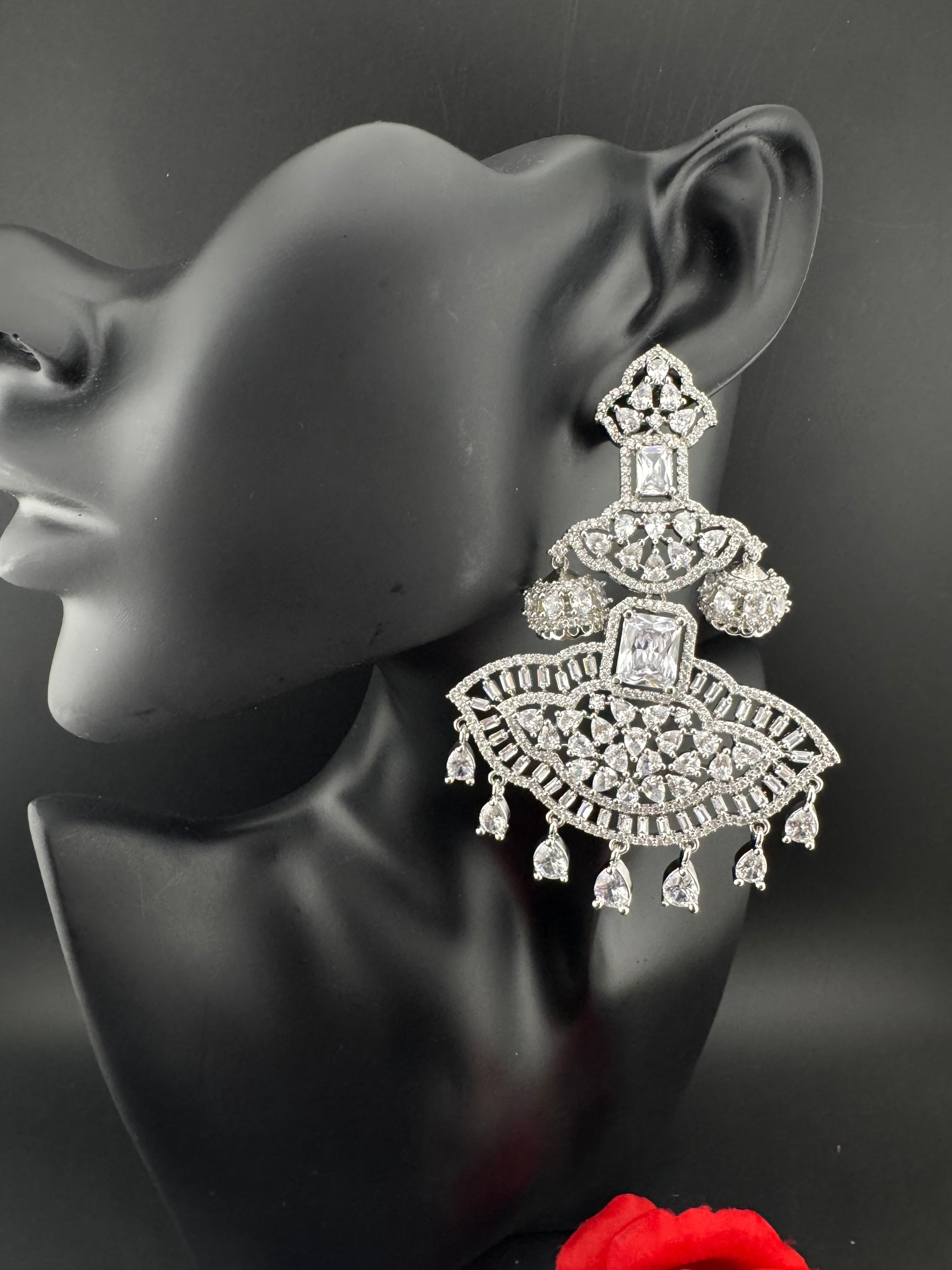 Premium Cubic Zirconia Chandelier Oversized earrings is designer Inspired, Statement Long earring, Bridal, Party, Wedding jewelry,