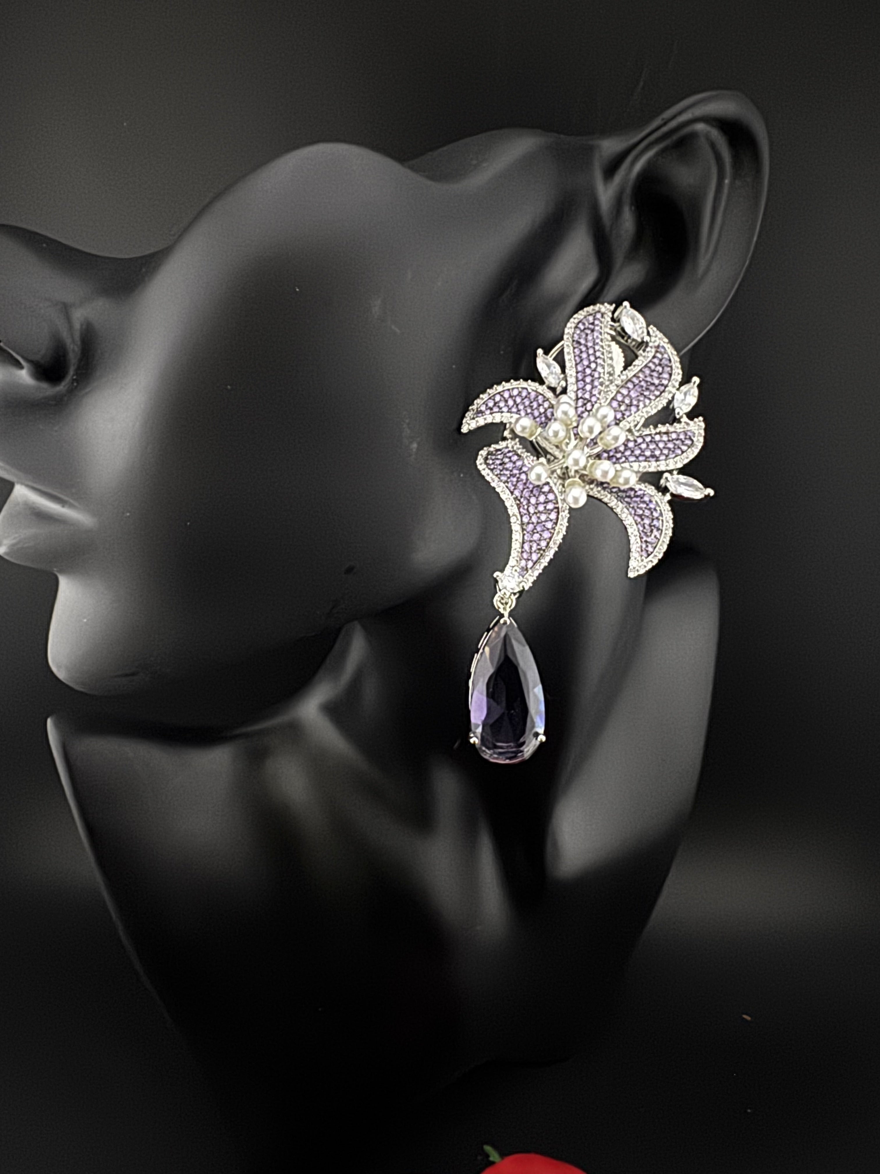 Premium Nano Setting Cubic Zirconia Pearl Oversized Studs earrings in leaf shape, stylish, designer Statement Big earring/Bridal Bridesmaid