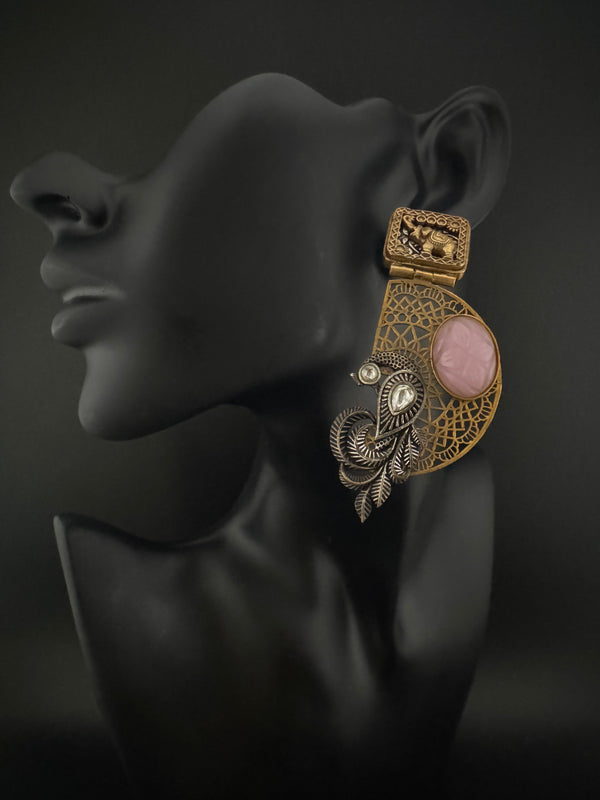 Antique Gold, Oxidized, Carved Stones Chandbali Dangle Earrings, Amrapali inspired Designer jewelry