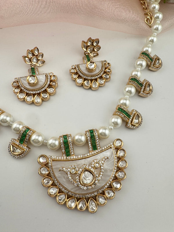 Kundan, Moissanite, MOP, CZ Flexible Gold necklace set, Indian Bridal Jewelry