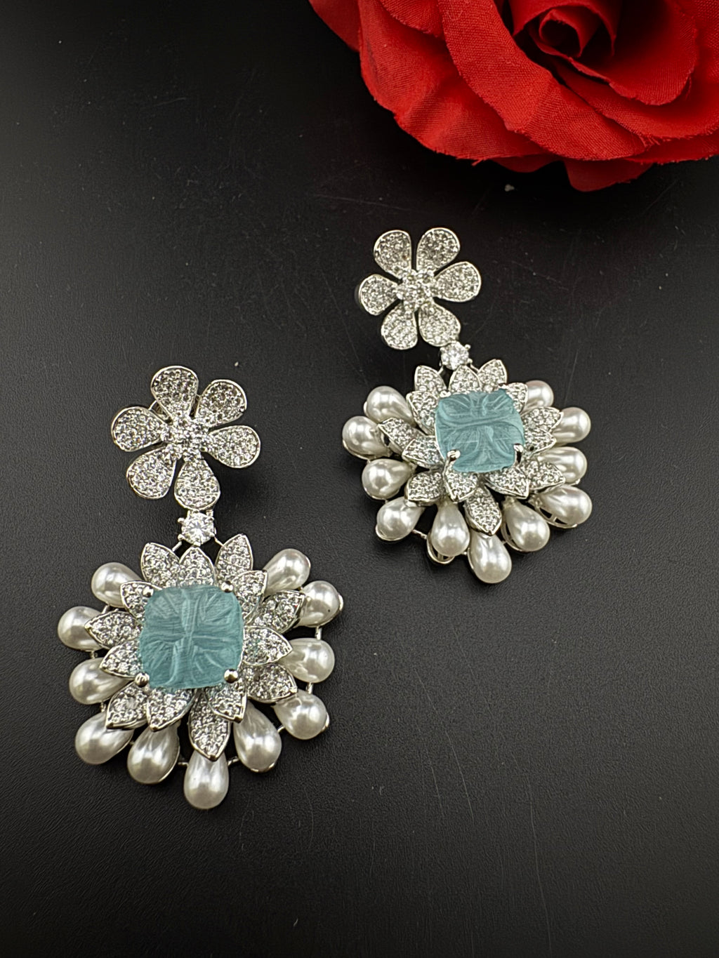 Premium Nano Setting Cubic Zirconia Carved Stone Pearls Drop earrings in unique 3D shape, stylish, Statement earring/Bridal Bridesmaid gift