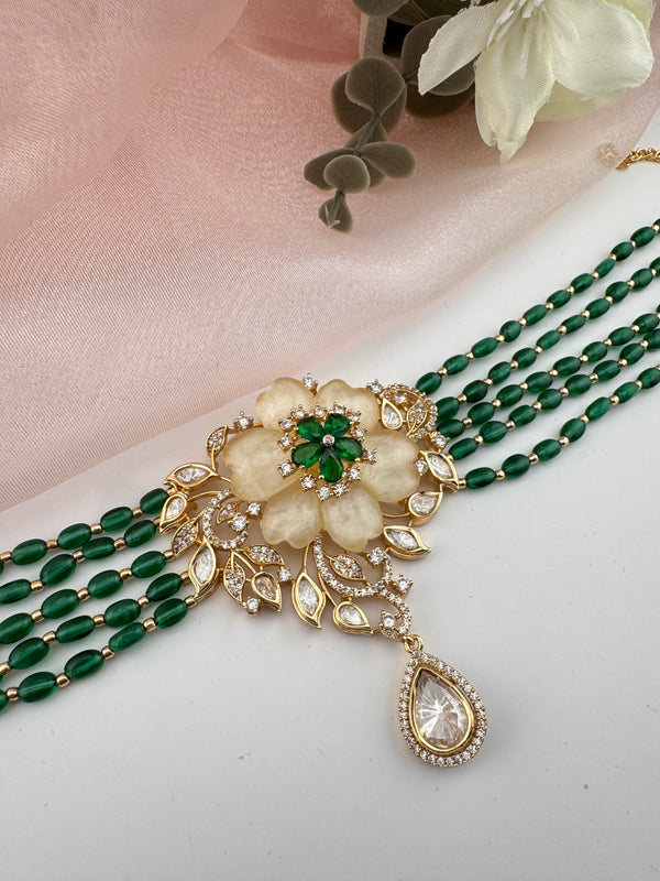 Kundan, Moissanite, MOP, CZ, Pearls Flexible Gold Choker necklace set, Indian Bridal Jewelry