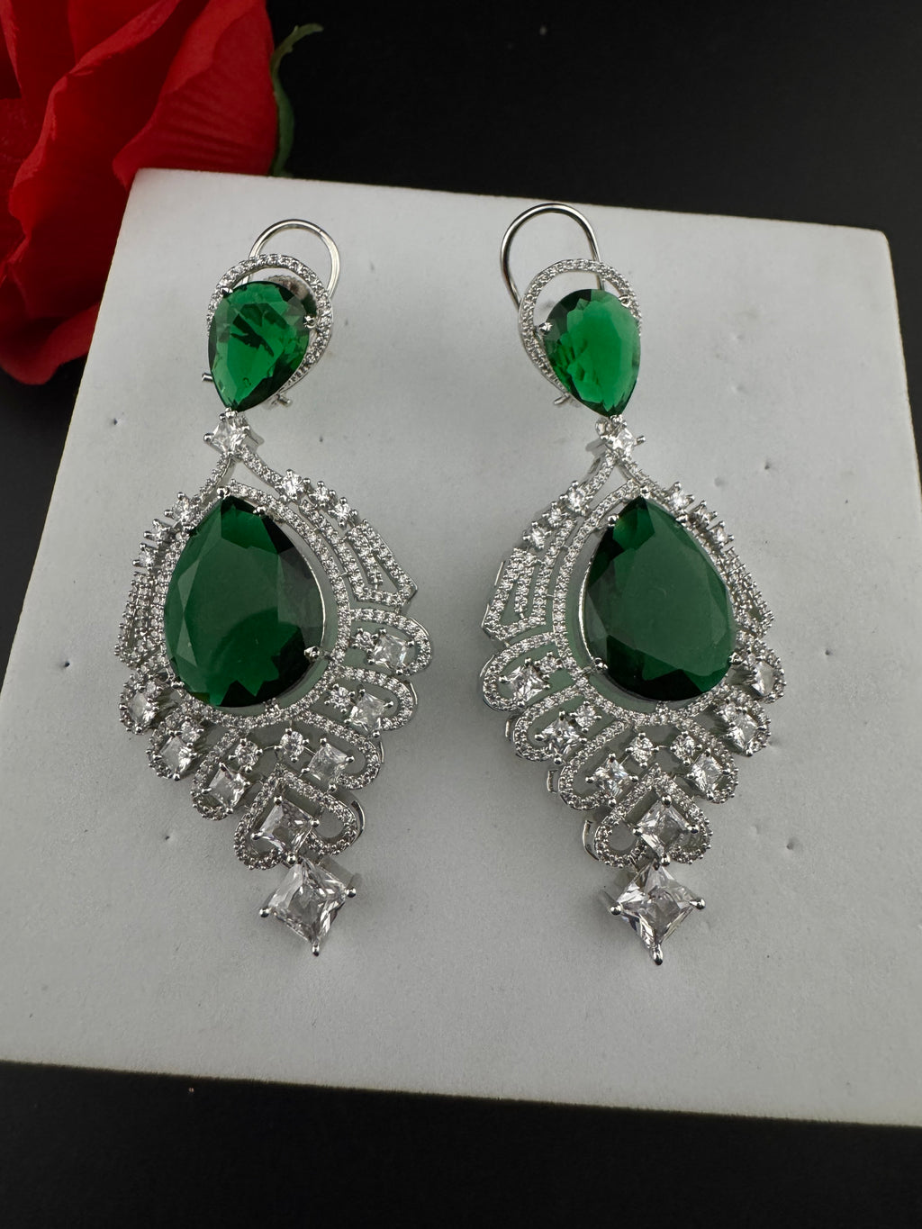 Premium Cubic Zirconia, Glass stone in unique style setting is a statement Drop Dangle earring/Indian/Bridal Jewelry, Bridesmaid Gift
