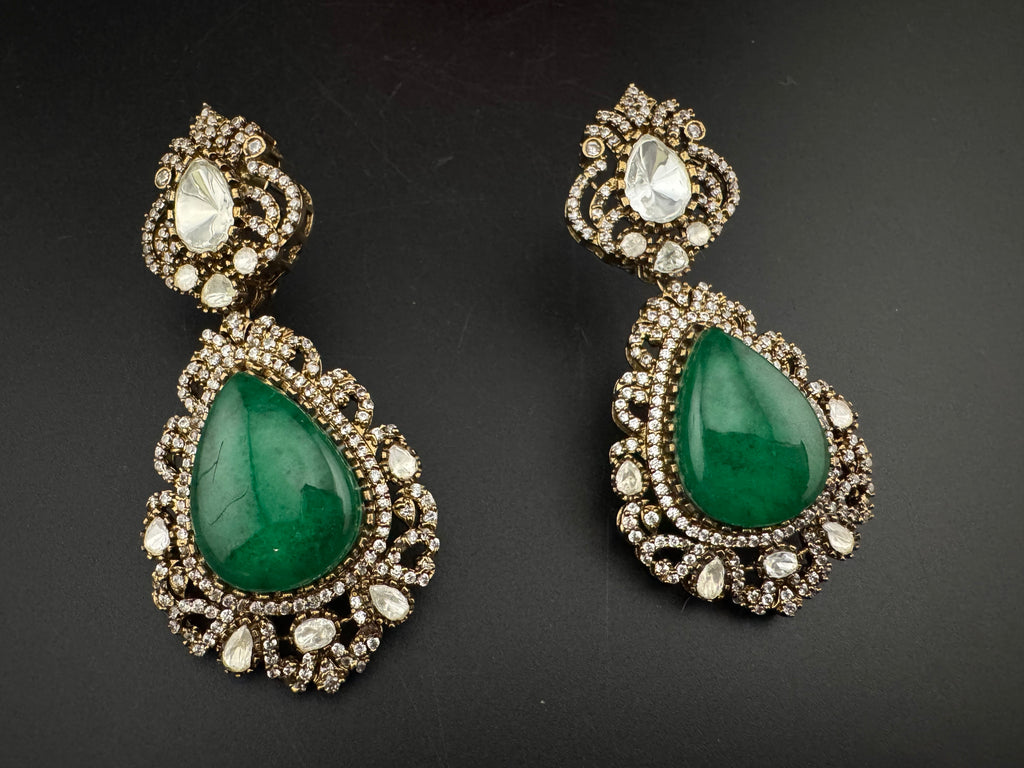 Green and Gold Kundan, Doublet Stone Chandelier Long Earrings, Bridal, Moissanite, CZ, Designer jewelry