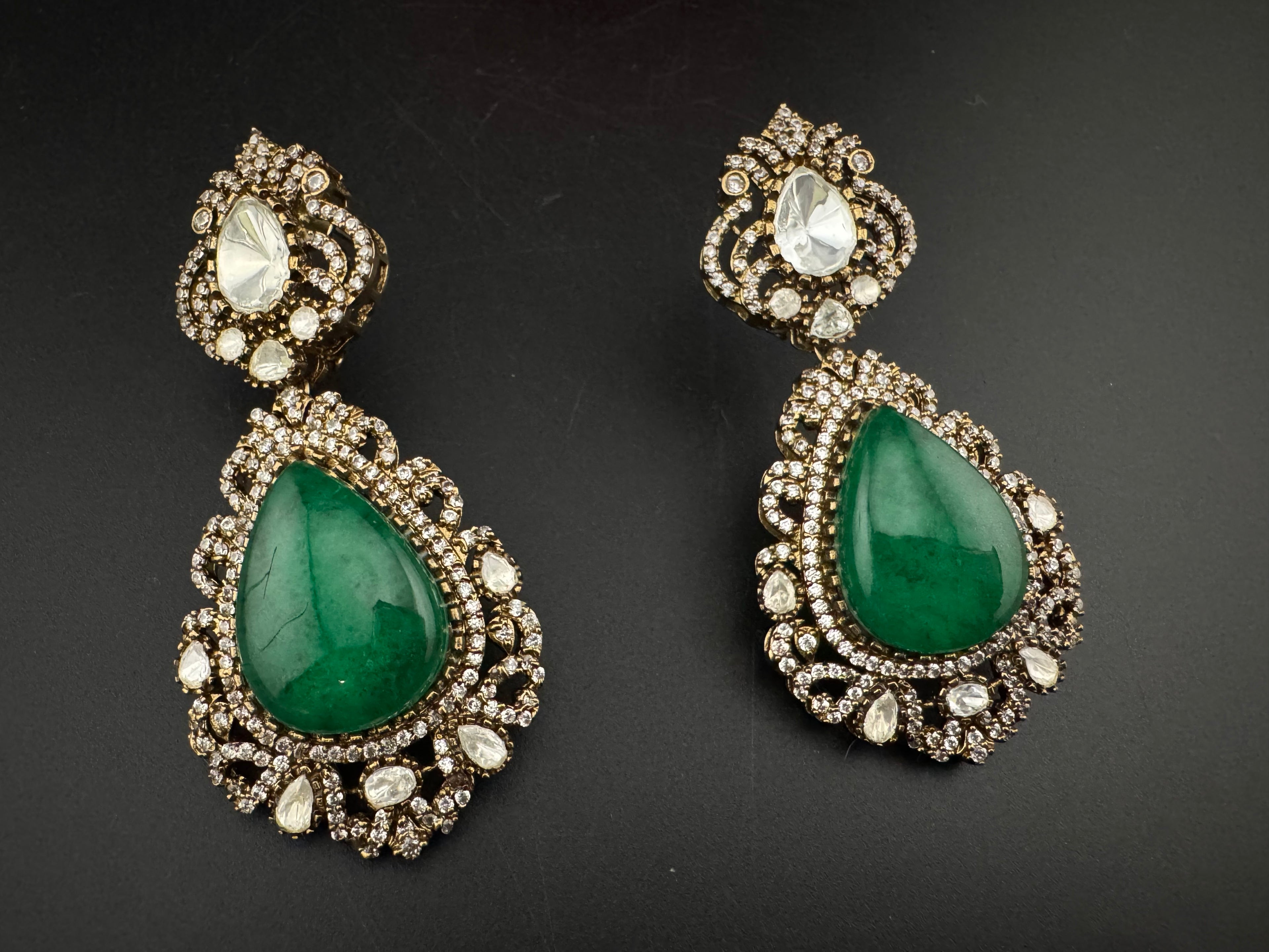 Green and Gold Kundan, Doublet Stone Chandelier Long Earrings, Bridal, Moissanite, CZ, Designer jewelry
