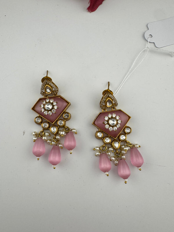 Gold Kundan, CZ, Stone, Pearls Chandelier Drop Earrings, Bridal Designer jewelry