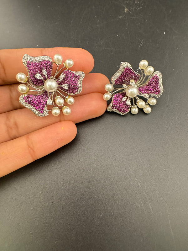 Pearls, Cubic Zirconia, Diamond nano setting flower stud earrings, Indian Jewelry