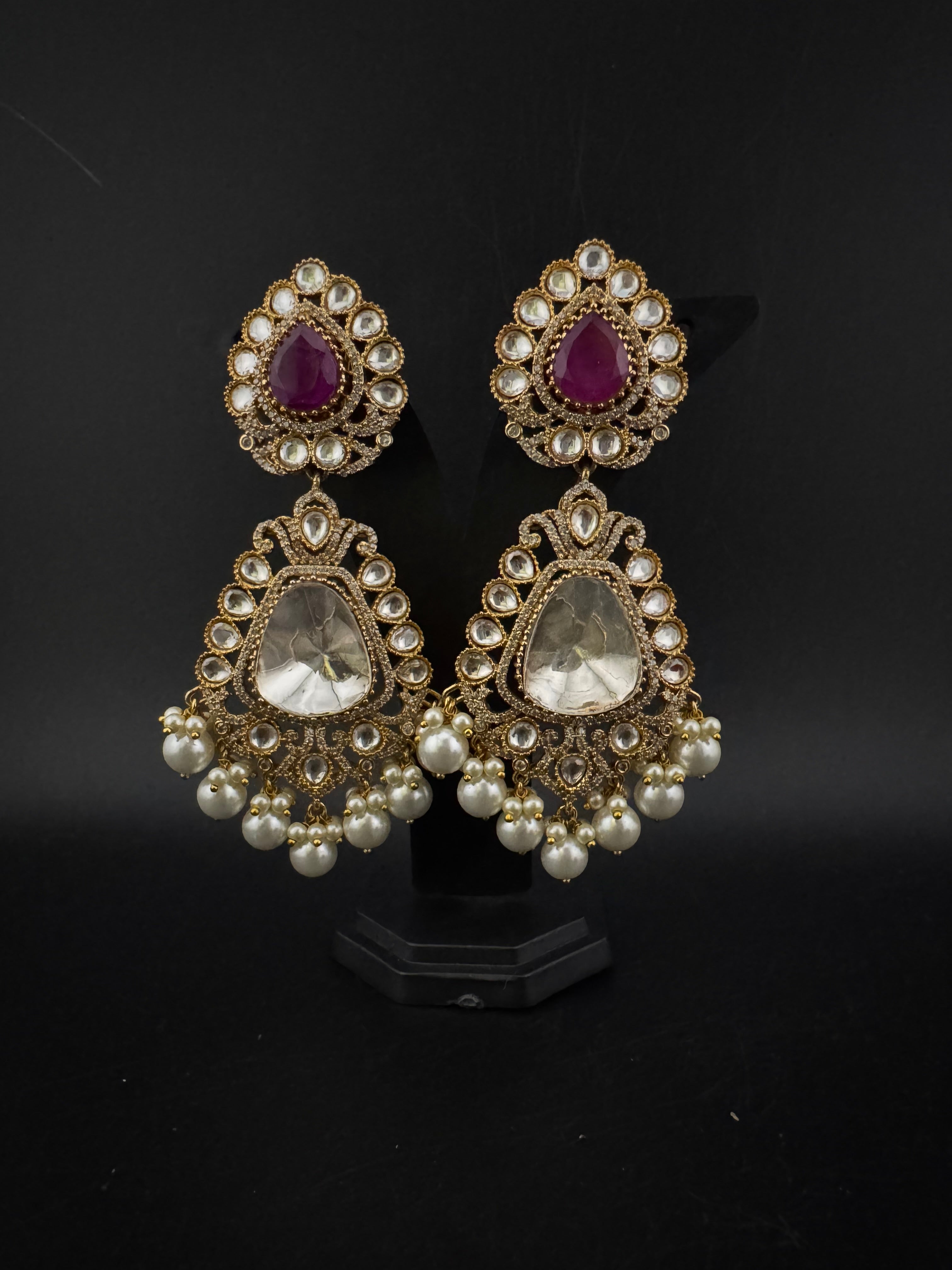 Purple and Gold Kundan, Pearls Chandelier Long Earrings, Bridal, Moissanite, CZ, Designer jewelry