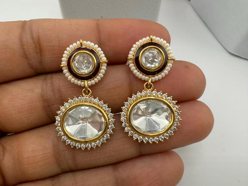 Premium Drop earring with uncut Kundan, CZ, pearls is Tyaani inspired Earrings