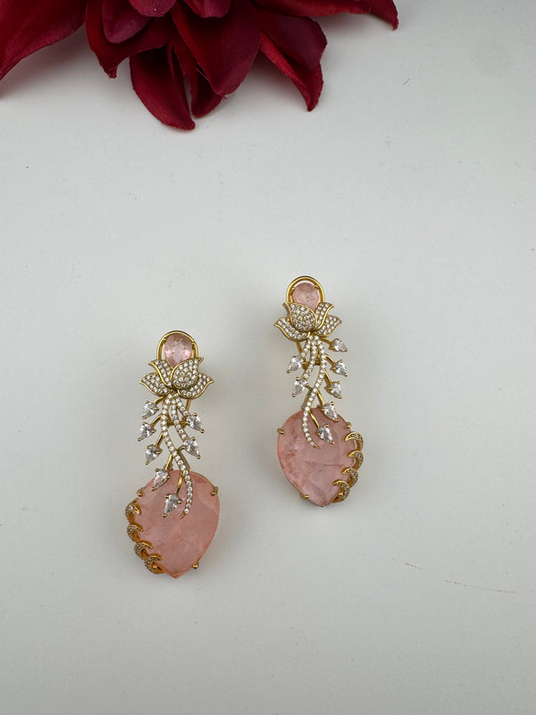 Pink and Gold, Doublet Stone Chandelier Drop Earrings, Bridal, CZ, Designer jewelry