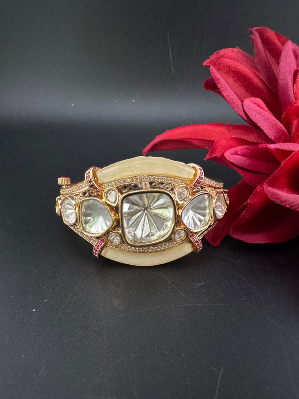 Moissanite Kundan, MOP, CZ Adjustable Bracelet Bangle, Gold Polish Designer Bangle