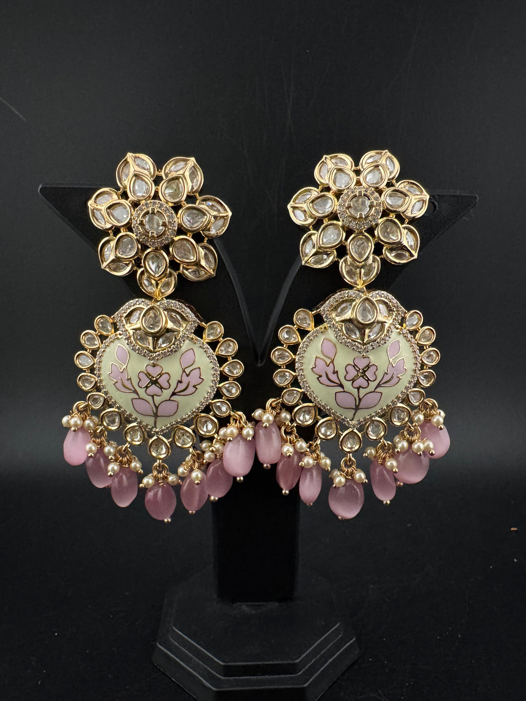 Enamel and Gold Kundan Chandelier Long Earrings, High shine Bridal Moissanite CZ, Designer Earrings