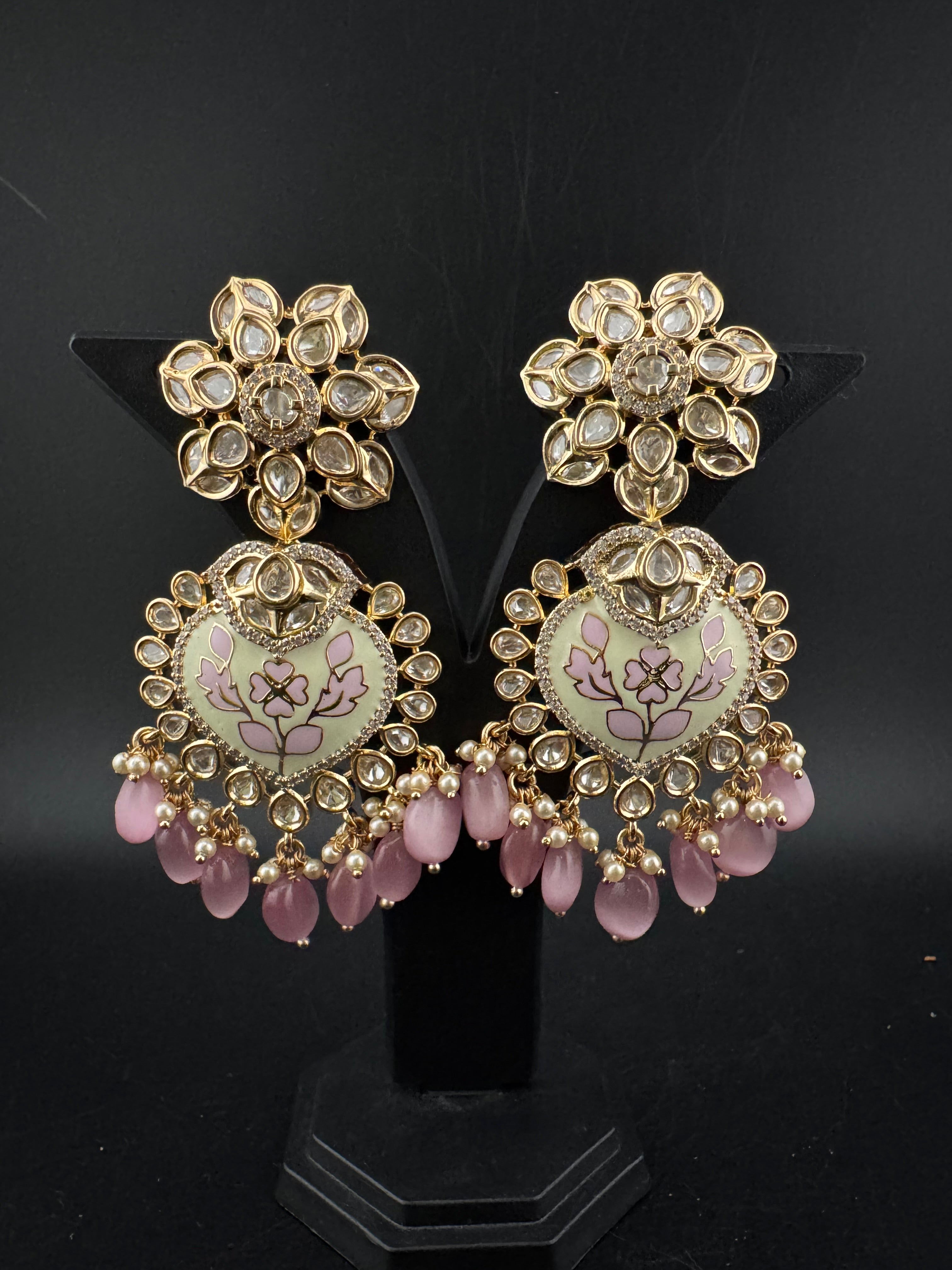 Enamel and Gold Kundan Chandelier Long Earrings, High shine Bridal Moissanite CZ, Designer Earrings