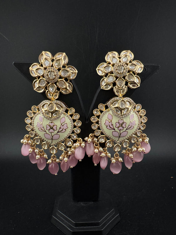 Enamel and Gold Kundan Chandelier Long Earrings, High shine Bridal Moissanite CZ, Designer Earrings