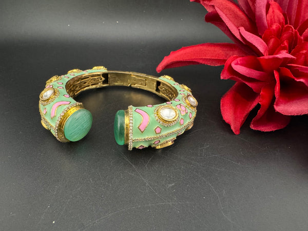 Moissanite Kundan, Enamel, CZ Adjustable Bracelet Bangle Kada, Gold Polish Designer Bangle