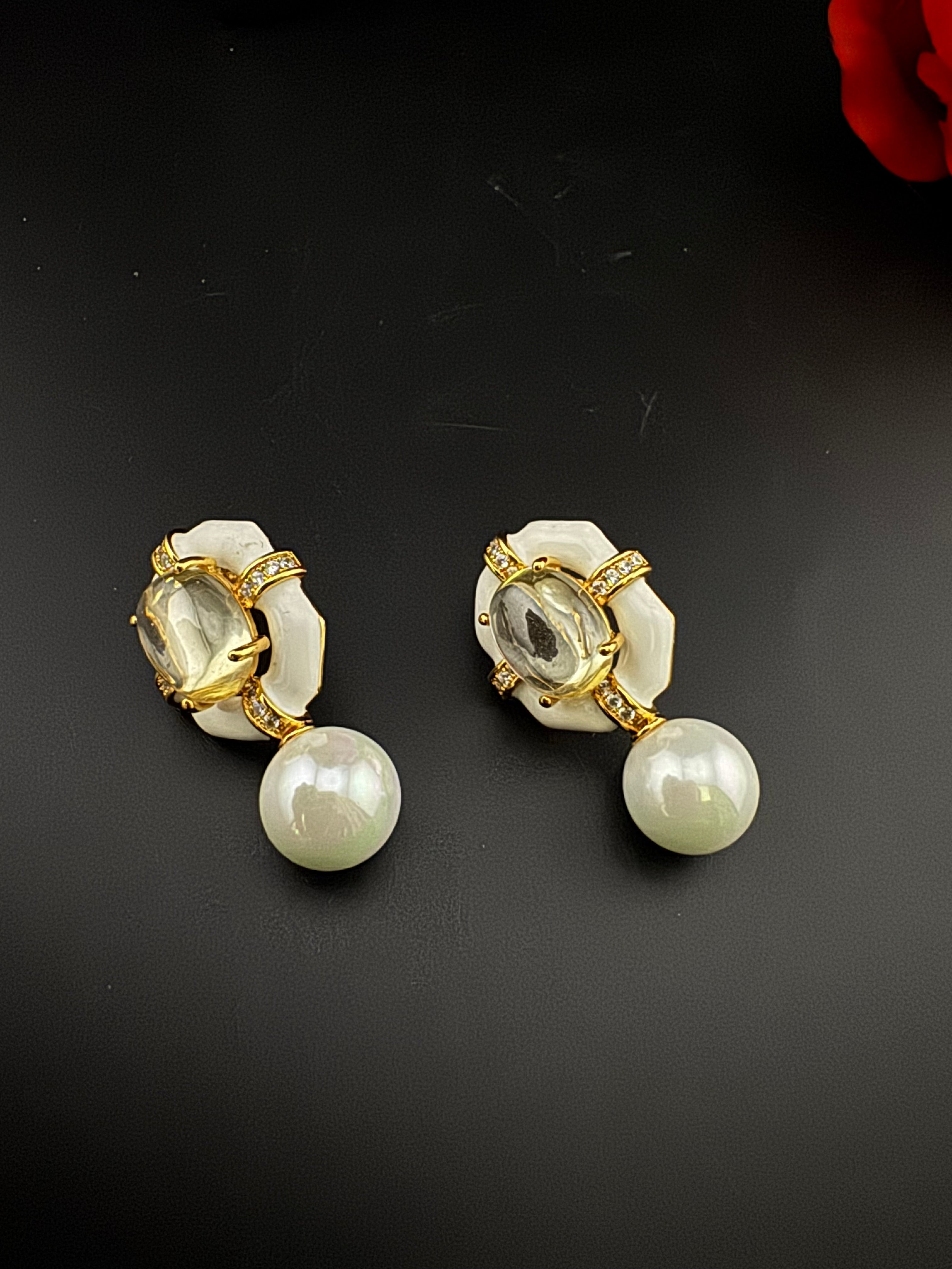 Designer inspired Enamel and Stone Pearls drop earrings, Statement jewelry, Indian Jewelry, Drop and Studs earrings, Bridesmaid Gift