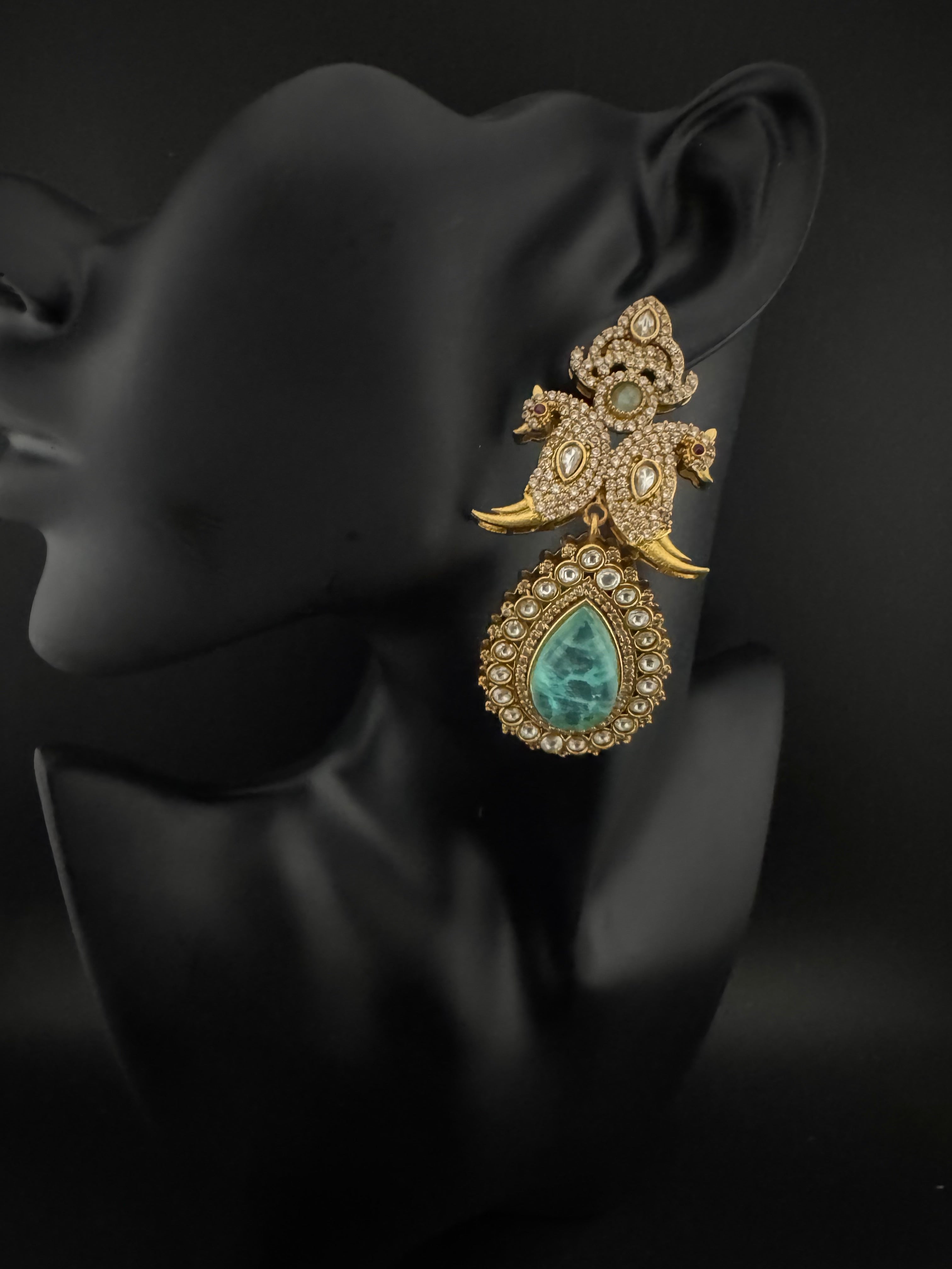 Blue Green and Gold, Doublet Stone Chandelier Long Earrings, Bridal, Moissanite, CZ, Designer jewelry