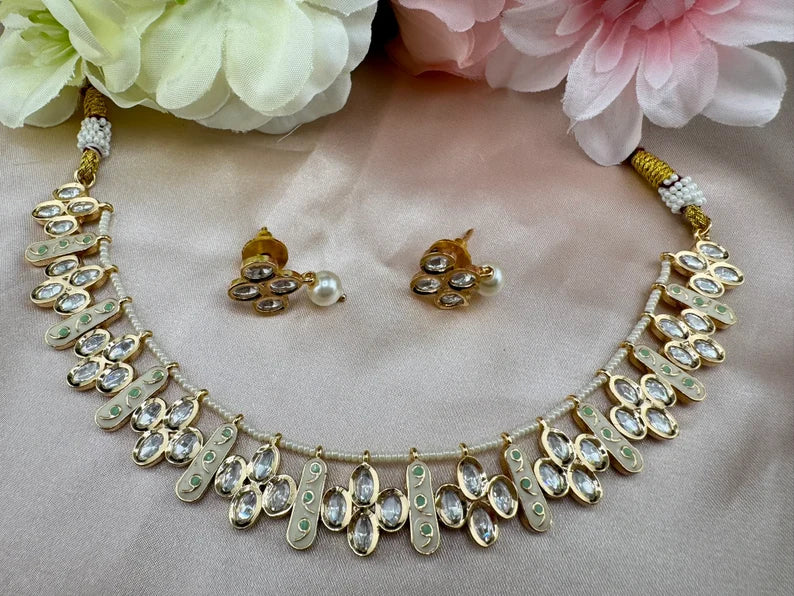 Premium Quality Tyaani Kundan, Italian Minakari Necklace with studs earring