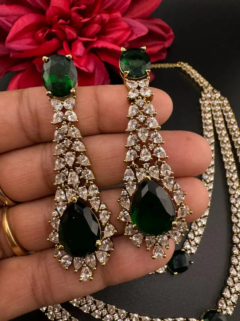 Victorian 3 layer Green Necklace set with long earrings