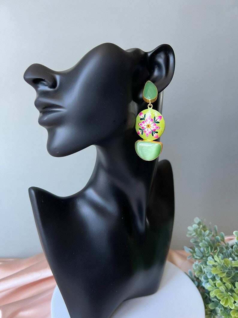 Gold and Light Green earring with Minakari and Monalisa Stone