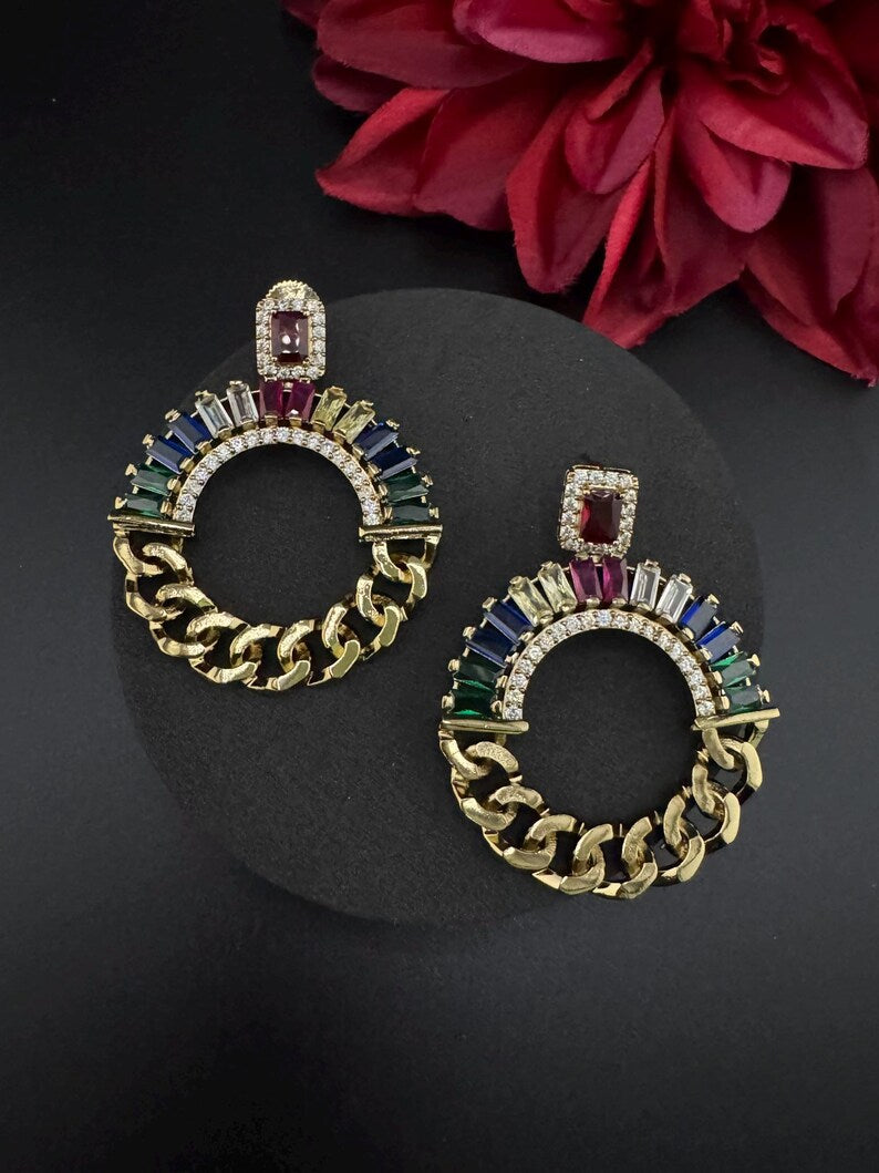 Premium earrings in Gold Chain design, with multicolor glass crystals