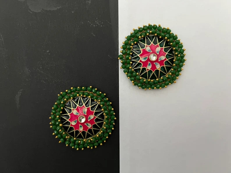Big Stud Earrings with Green beads and Minakari