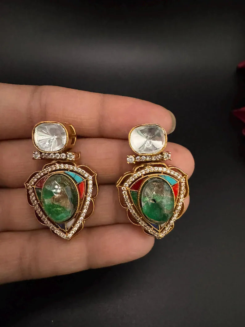 Premium designer stud earrings, with Uncut Kundan, CZ and Doublet Marble stone