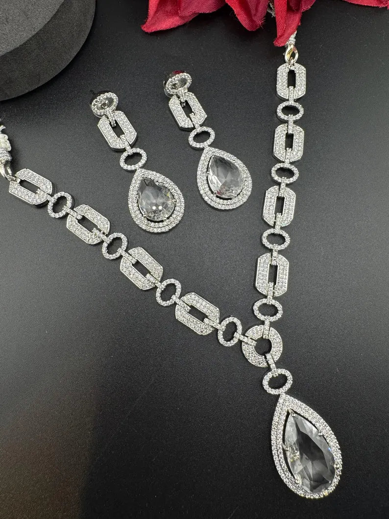 Silver polish American Diamond, Cubic Zirconia Chain style Clear Necklace set