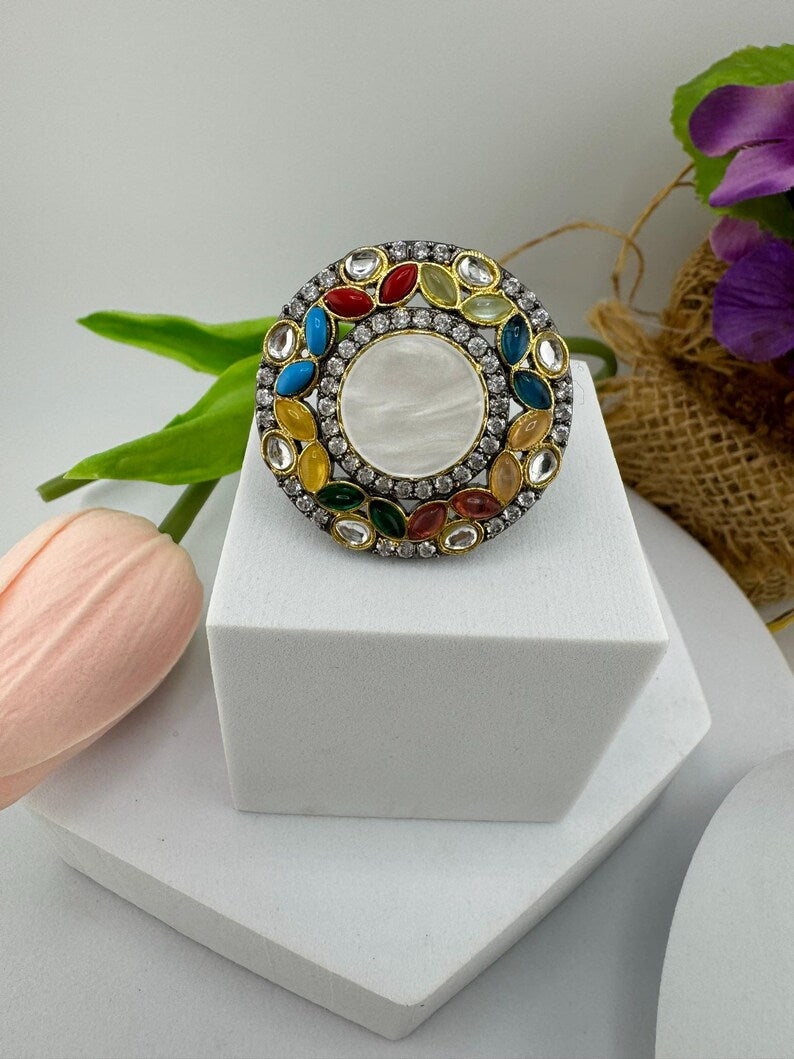 Adjustable Finger Ring with MOP, Multicolor stones, Victorian