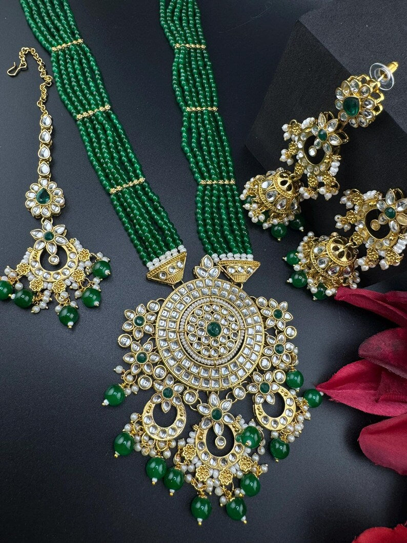 Kundan Bridal Long Necklace Set with Jhumka and Tikka