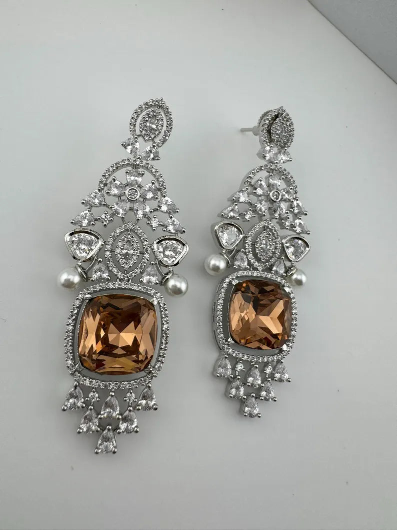 Champagne Cubic Zirconia Chandelier Long earrings with Pearls and Crystals