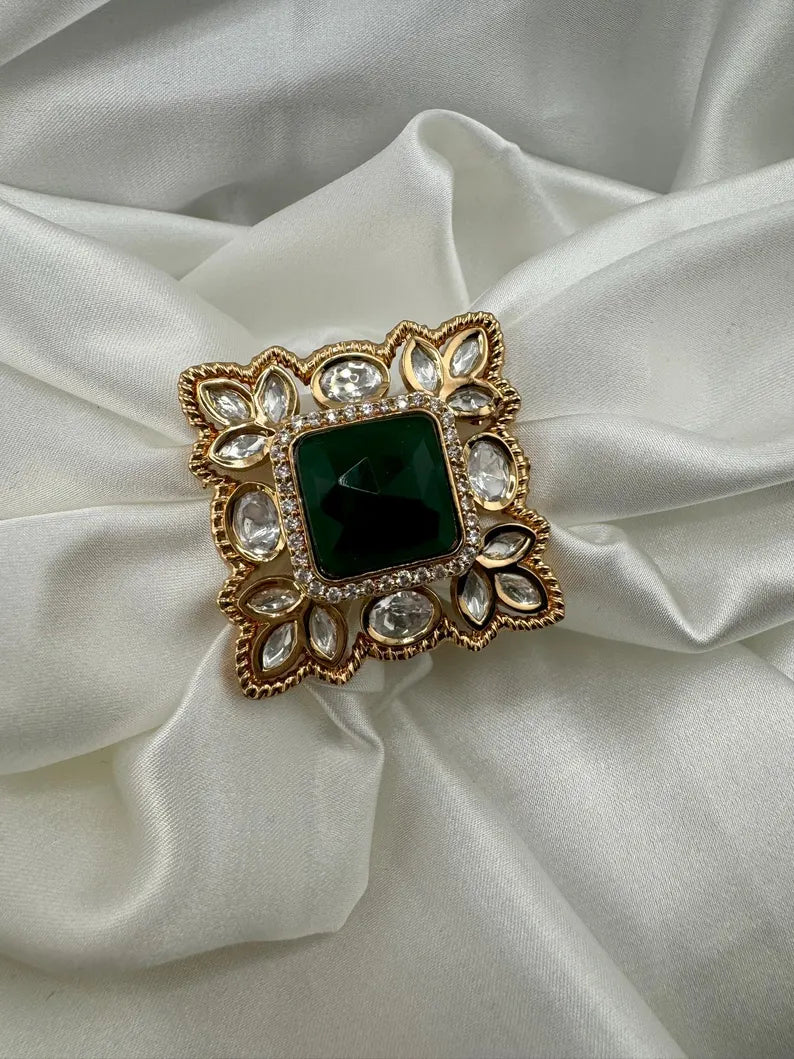 Moissanite Kundan and Green Stone Adjustable Square Finger Ring, Tyaani inspired