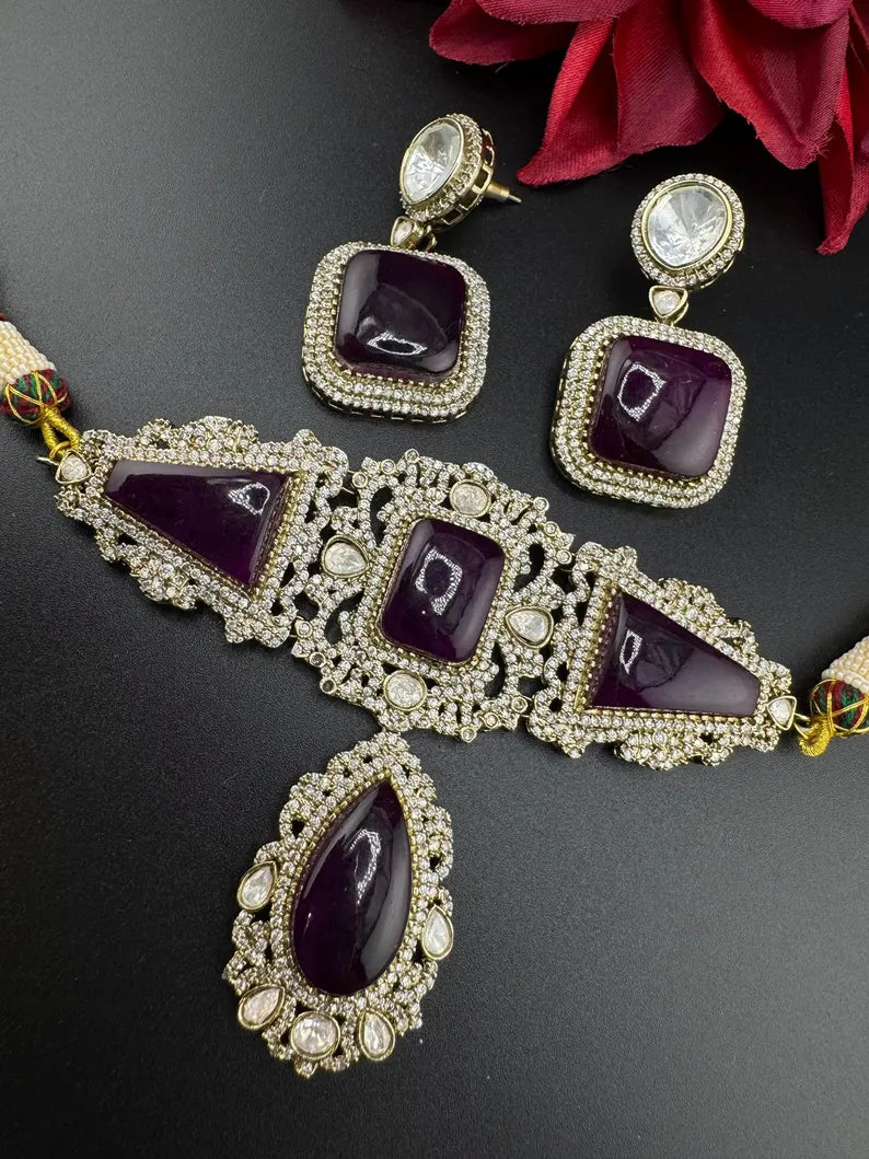 Premium Moissanite Kundan, CZ, Doublet stones Designer Choker necklace