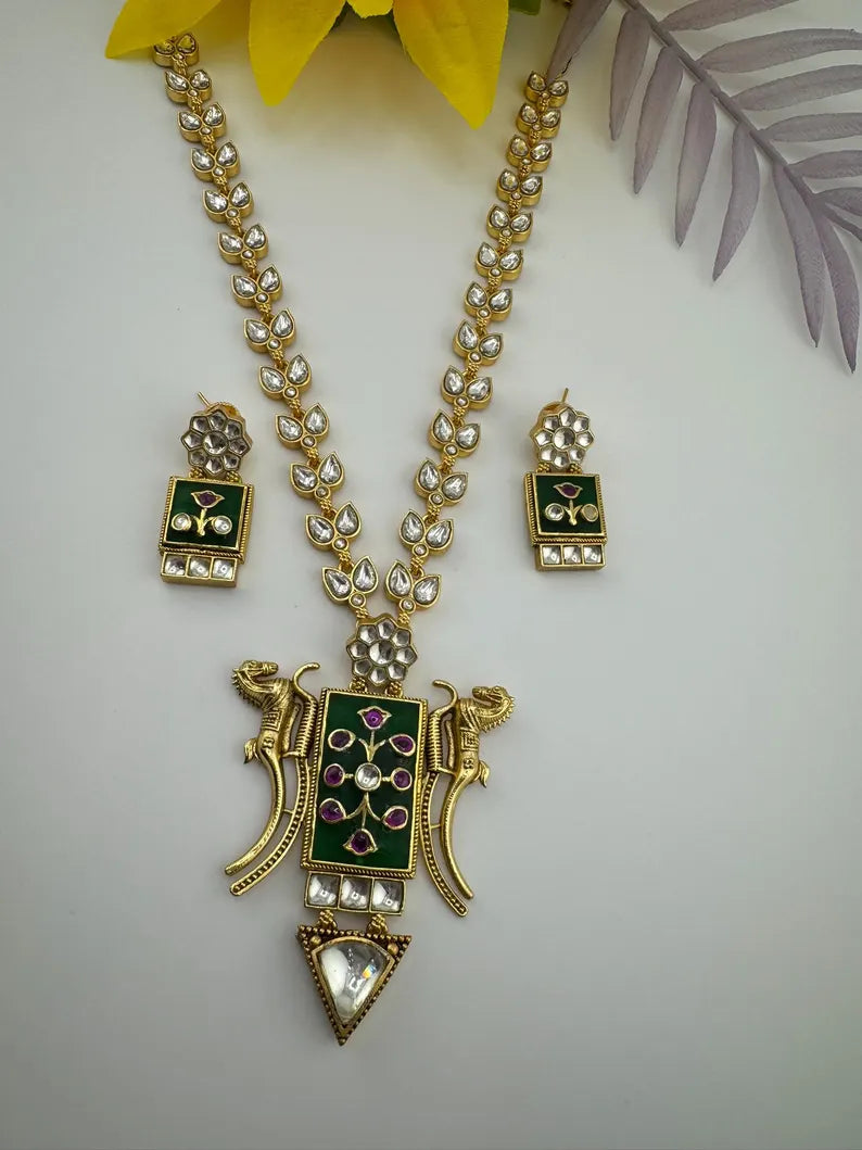 Green Amrapali Inspired, Premium Quality Inlay work on natural stone long Necklace
