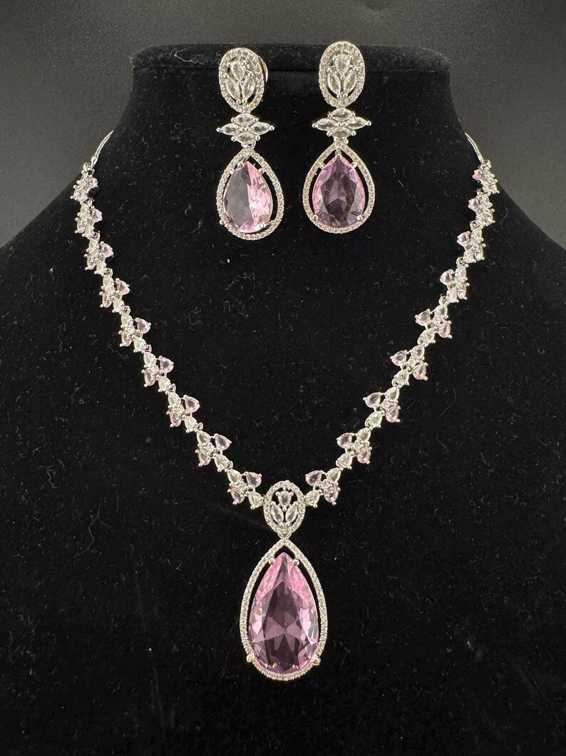 Crystal Stones and American Diamond, Cubic Zirconia Necklace set with earrings