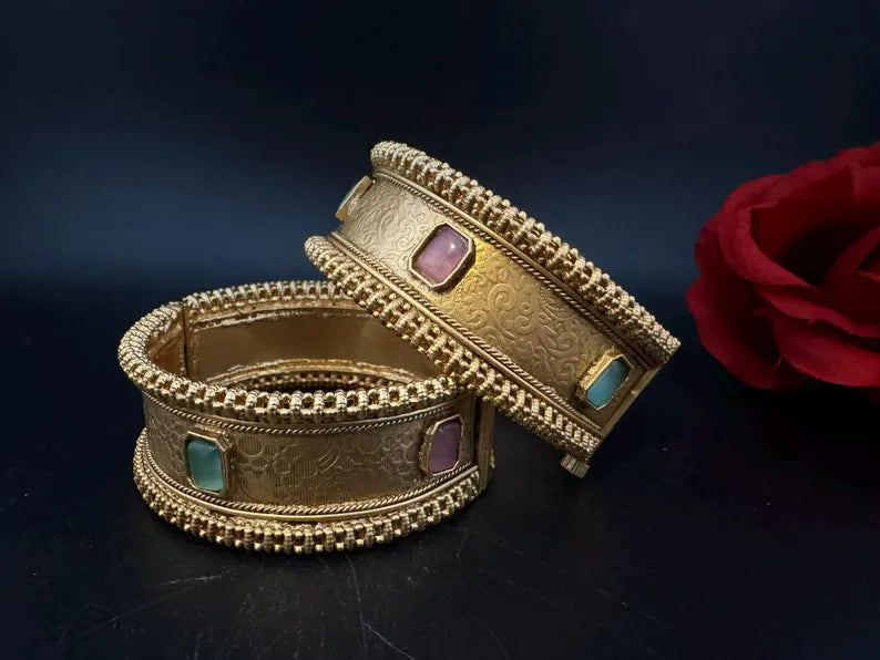 Amrapali inspired Designer Openable Broad bangle in Matt Gold finish set of 2