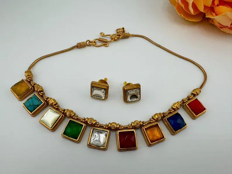 Premium Necklace in Multicolor stone, Kundan in Matt Gold with studs earring