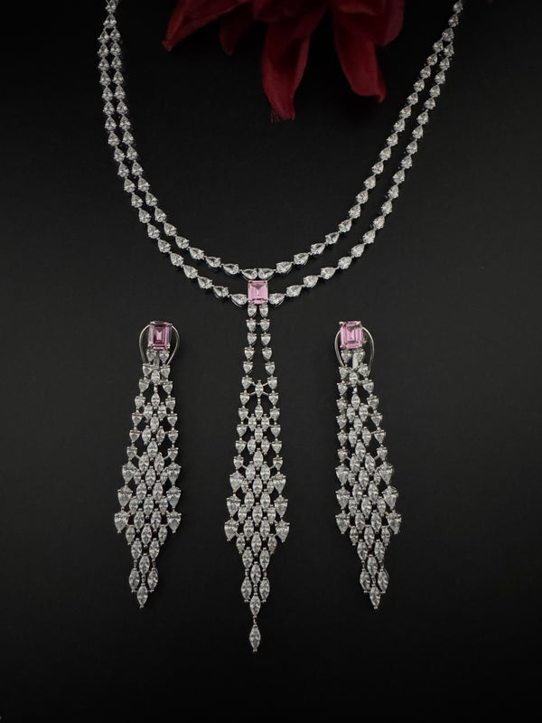 Crystals and CZ Diamond Statement double Layered Necklace Set, White Gold Plated Choker set