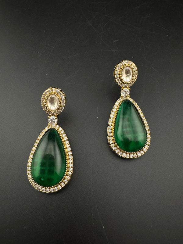 Green and Gold Kundan, Stone Chandelier Drop Earrings, Bridal, Moissanite, CZ, Designer jewelry