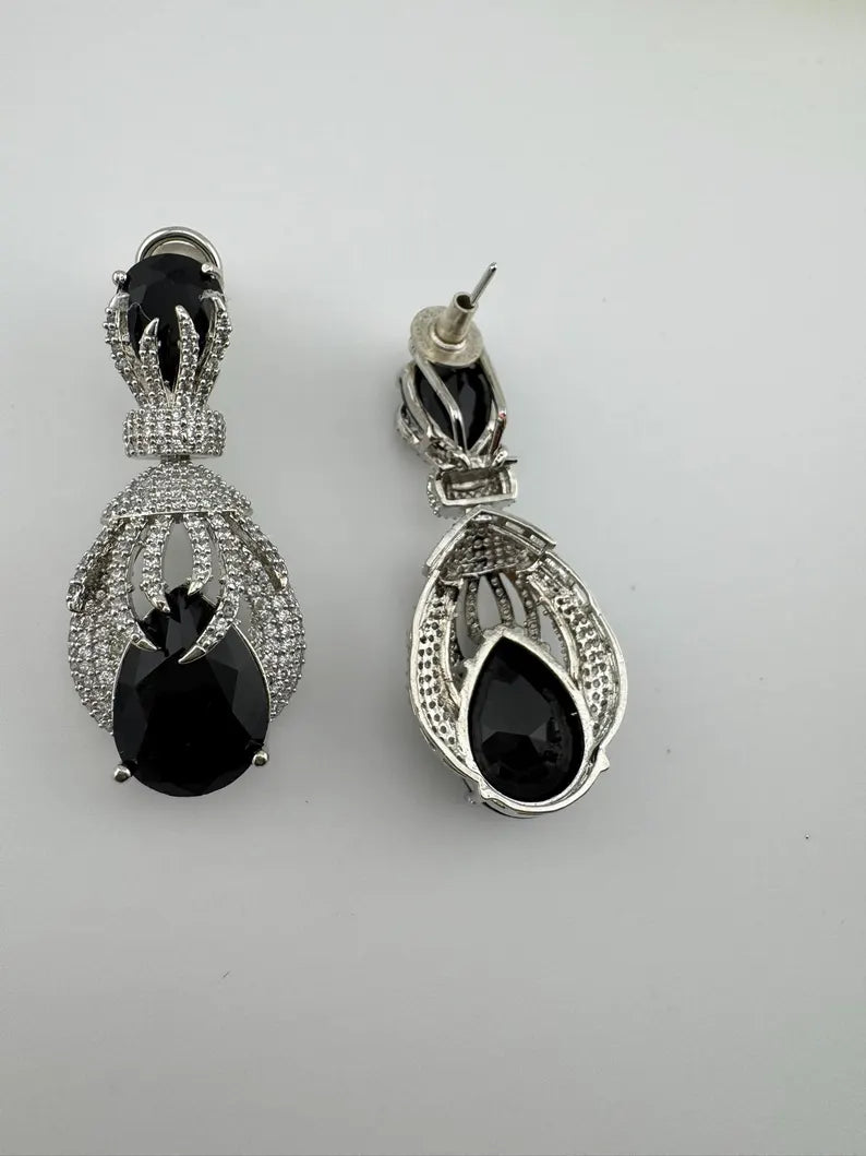 Premium Nano Setting Cubic Zirconia Chandelier earrings with Black Stone