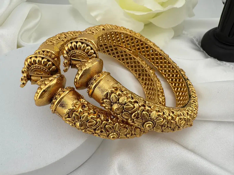 Matt Gold temple motifs is Amrapali inspired Designer Openable bangle set of 2