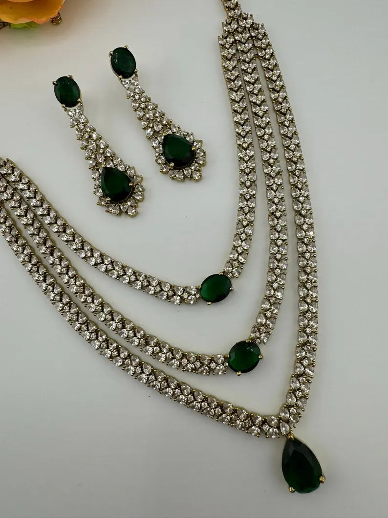 Victorian 3 layer Green Necklace set with long earrings