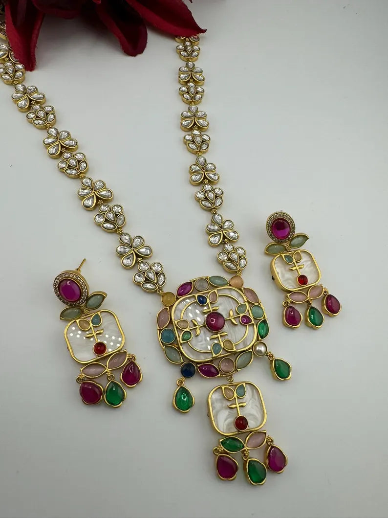 Amrapali inspired, Premium Quality Inlay work on MOP long Necklace