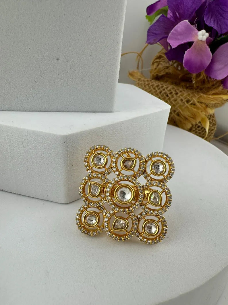 Moissanite Kundan Adjustable Square Finger Ring, Tyaani inspired