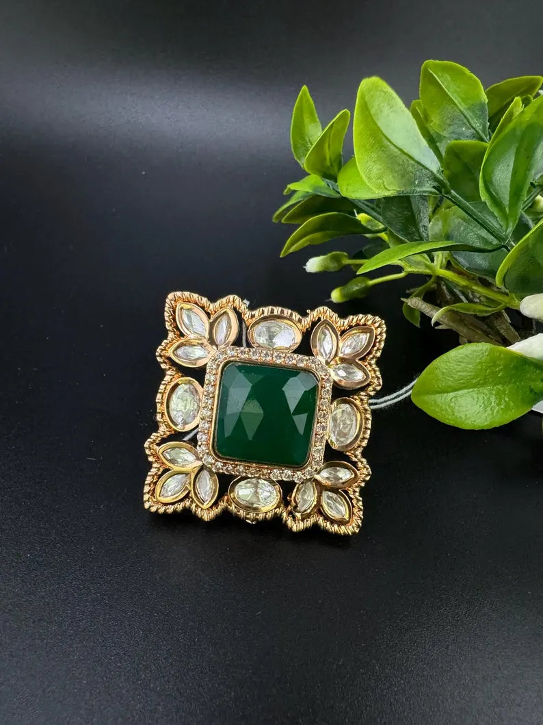 Moissanite Kundan and Green Stone Adjustable Square Finger Ring, Tyaani inspired