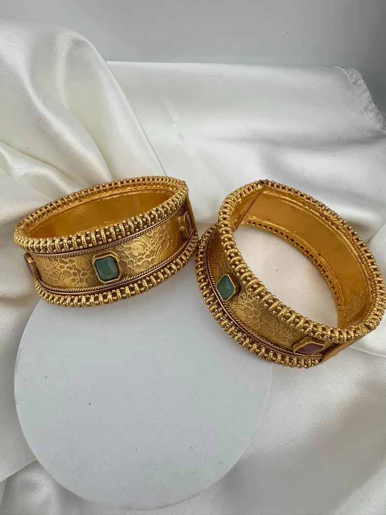 Amrapali inspired Designer Openable Broad bangle in Matt Gold finish set of 2