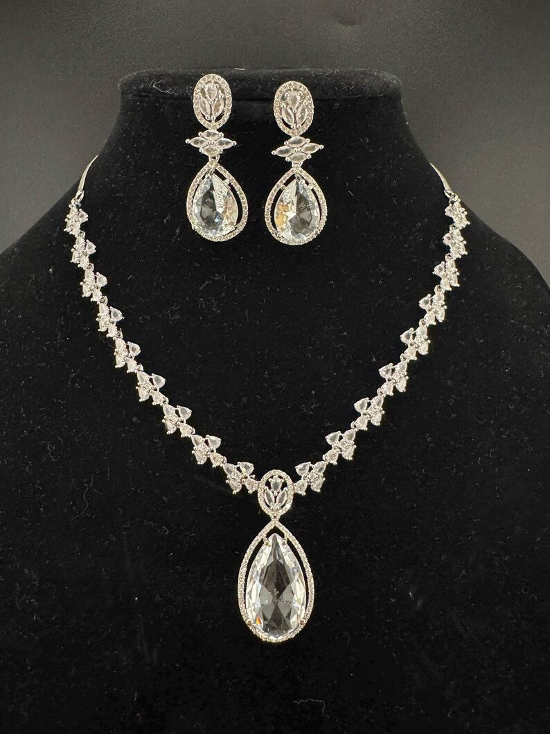 Crystal Stones and American Diamond, Cubic Zirconia Necklace set with earrings