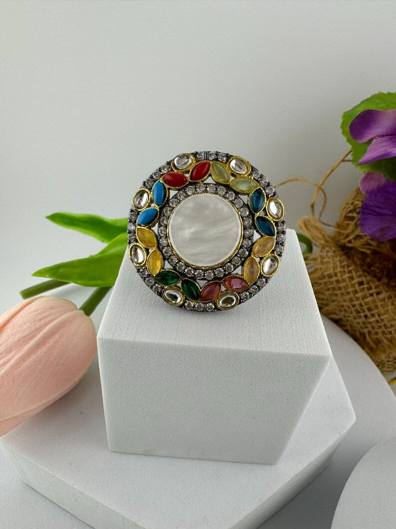 Adjustable Finger Ring with MOP, Multicolor stones, Victorian