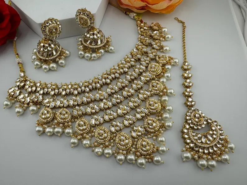 Kundan Heavy Bridal Necklace Set with Jhumka and Tikka