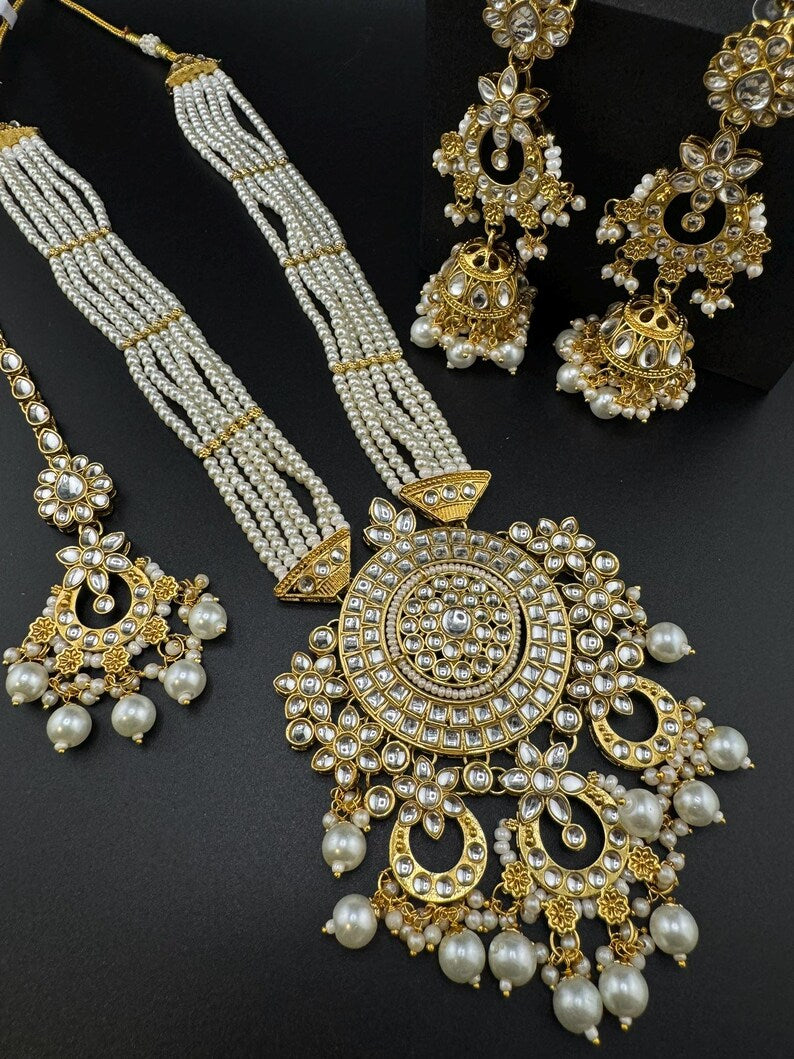 Kundan Bridal Long Necklace Set with Jhumka and Tikka